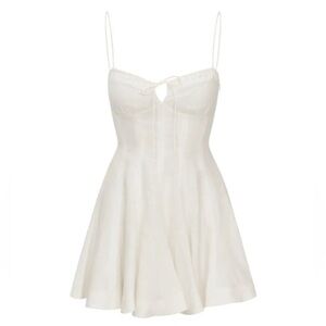 Love Shack Fancy Shai Linen Lace Ribbon Bow Mini Dress Antique White